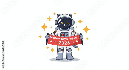 Cute cat astronaut holding a Happy New Year 2026 banner