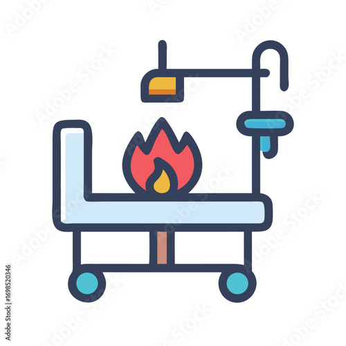 Stylized cremation cart with flames on a black background