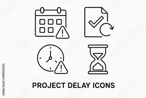 Project Delay Icons – Deadline Warning, Time Management, Missed Schedule, Late Delivery