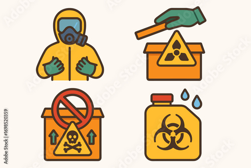 Hazardous Materials Icons – Biohazard, Toxic Waste, Radioactive Symbol, Safety Suit
