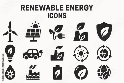 Renewable Energy Icon Set – Solar, Wind, Electric Car, Eco Power, Recycle Symbols