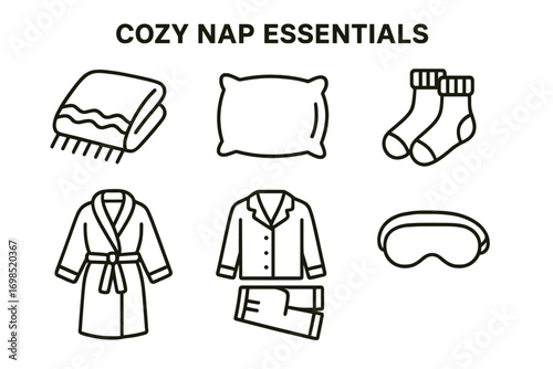 Cozy Sleep Essentials – Pajamas, Robe, Socks, Pillow, Blanket & Mask Icons