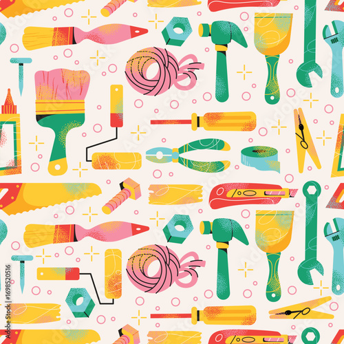 Seamless pattern hand tools saw, wrench, screwdriver, hammer, pliers, cutter, tape, paintbrush, roller, glue and rope. Construction and repair tool. Flat vector Household equipment concept