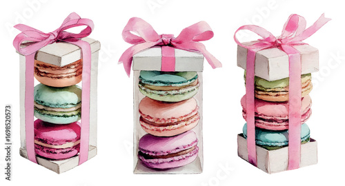 Set of gift boxes with macaroons. Box with a transparent window where macaroons are folded and tied with a bow. Dessert gifts for Valentine's Day, March 8, Birthday, etc.