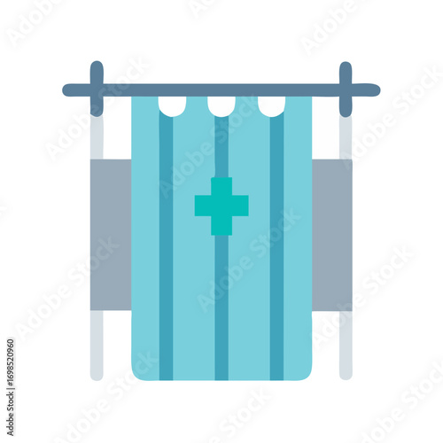 Stylized medical bed illustration with privacy screen on black background