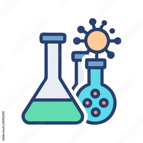 Stylized science lab research with virus and flasks