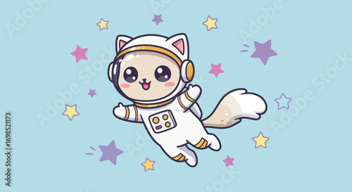 Cat astronaut floating in space with stars