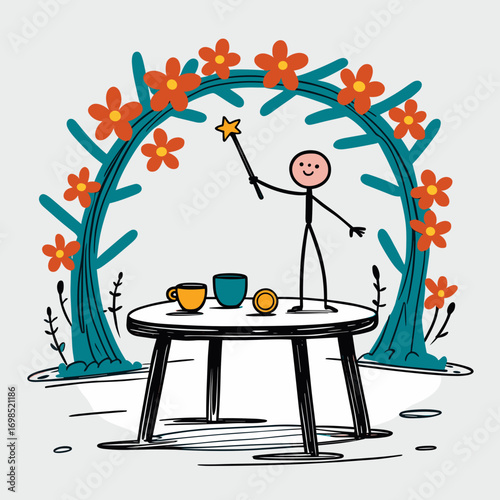 Stick figure magician performing magic with a wand near flowers. Major Arcana Tarot 1 Magician 