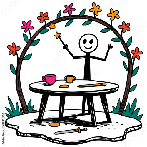 Stick figure performing magic with stars at whimsical garden table. Major Arcana Tarot 1 Magician