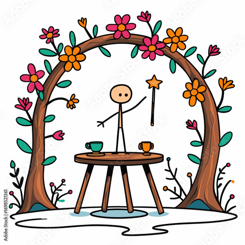 Stick figure performing magic with wand surrounded by flowers. Major Arcana Tarot 1 Magician  