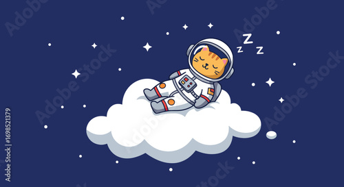 A cartoon cat in an astronaut suit sleeps on a cloud in space