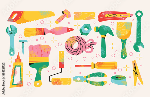 Set of colorful hand tools saw, wrench, screwdriver, hammer, pliers, cutter, tape, paintbrush, roller, glue and rope. Construction and repair tool. Flat vector illustration Household equipment concept