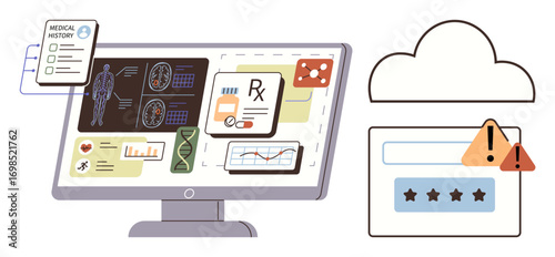 Computer displaying medical records, diagnostics, and prescriptions. Cloud icon with warning symbol emphasizes data privacy, security, and efficient medical data storage. Ideal for digital health