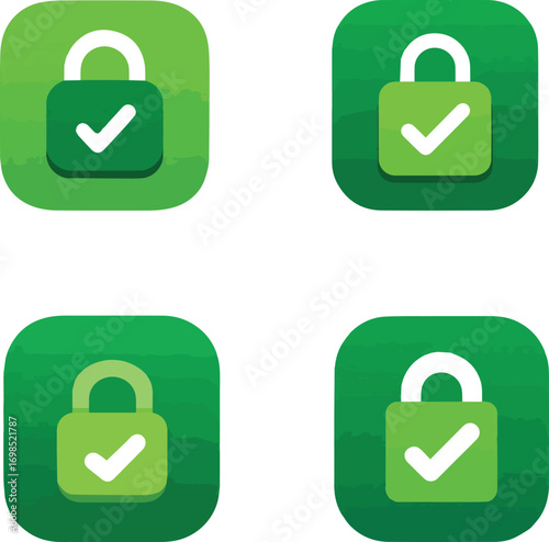 Four green lock icons with checkmarks in silhouette