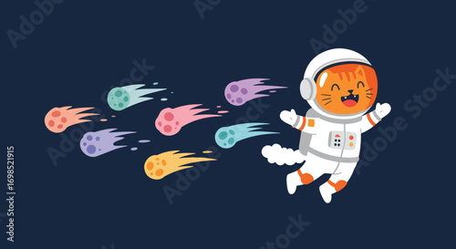 Cat astronaut floating amidst colorful meteors in space