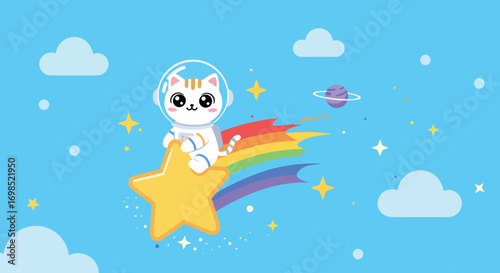 Cosmic Cat Riding a Rainbow Star