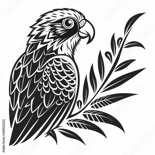 Stylized black and white parrot perched on a branch with leaves