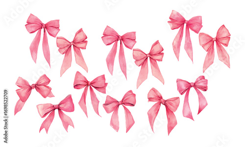 Watercolor set of pink bows. Vintage cute coquette bows. Romantic decor elements. Vector illustration