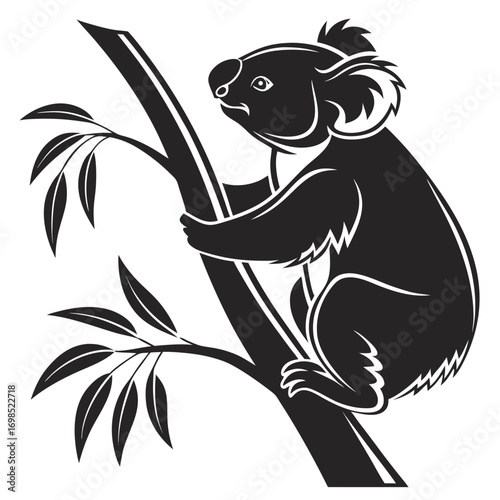 Black and white illustration of a koala clinging to a eucalyptus tree branch