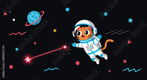 A cat in an astronaut suit floats in space firing a laser