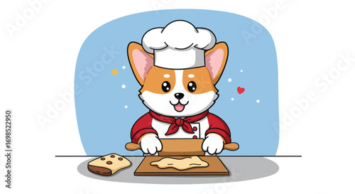 Cartoon corgi chef rolling dough wearing chef hat and red jacket