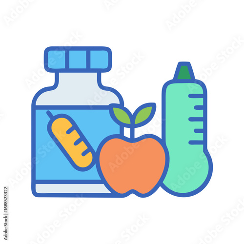 Vitamin bottle, apple, dropper, healthy food supplements presentation