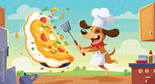Happy dog chef flipping a pizza in a kitchen