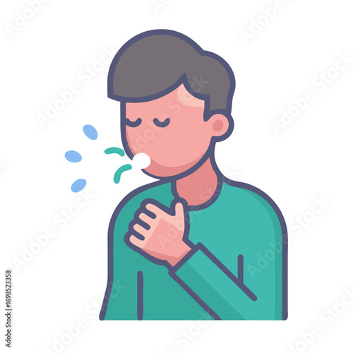 Person coughing with hand on chest, sickness symptom