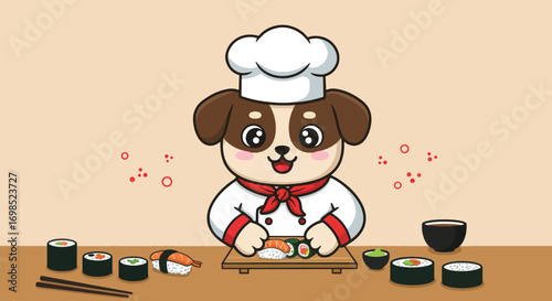 A cartoon dog chef prepares sushi on a wooden board