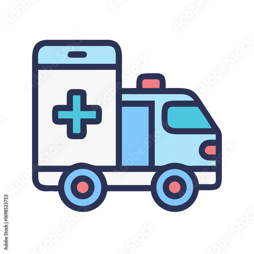 Cute cartoon ambulance illustration with thick outlines and colors