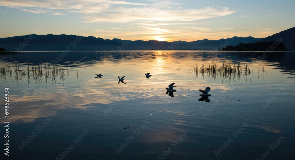 Fototapeta premium Lake Sunset Flying Birds Mountain Reflection