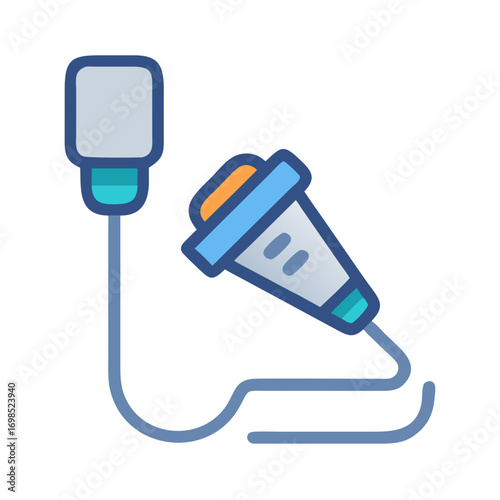 Ultrasound transducer illustration with connecting cable on black background