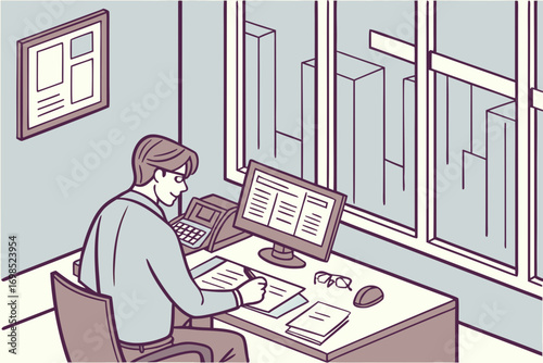 business people working, with office supplies around	