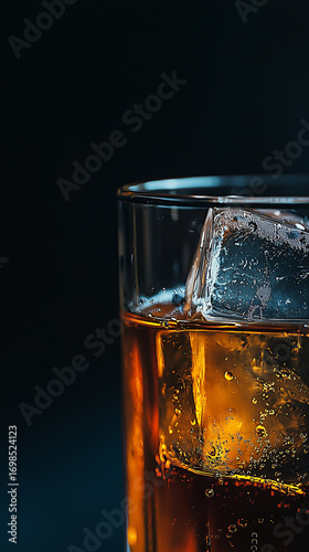Close-up of an amber drink in a glass with ice and bubbles, glowing against a dark background.