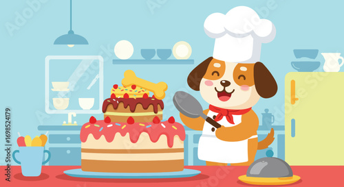 A cartoon dog chef decorates a multilayered cake in a kitchen