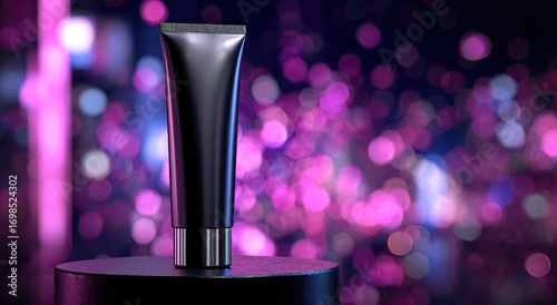 High quality photo of black beauty tube mockup on a podium with blurred purple and pink lights in the background. mock-up for the design of a cosmetic product presentation or.