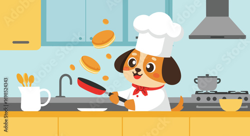 Dog chef flipping pancakes in a modern kitchen