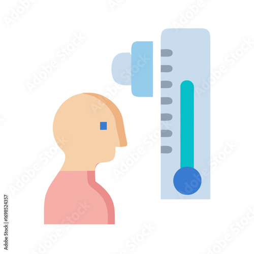 Temperature check concept showing forehead thermometer and person icon