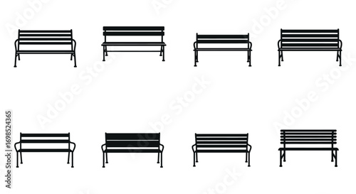 a row of black metal benches arranged neatly
