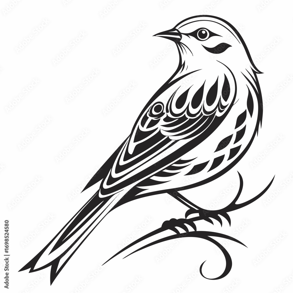 Fototapeta premium Stylized black and white bird perched on a branch with ornate details