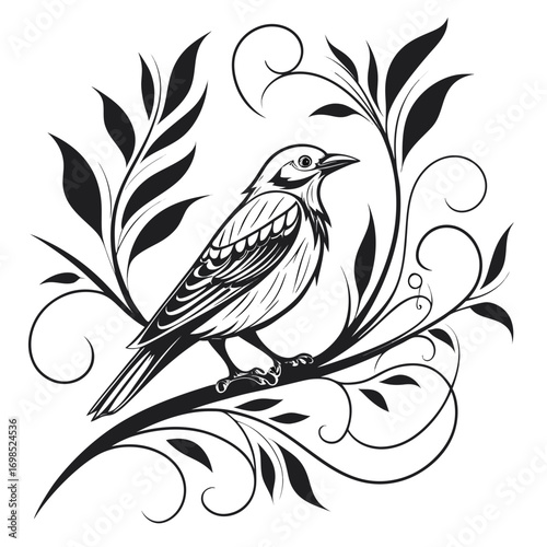 Elegant black and white illustration of a bird perched on a branch with floral elements