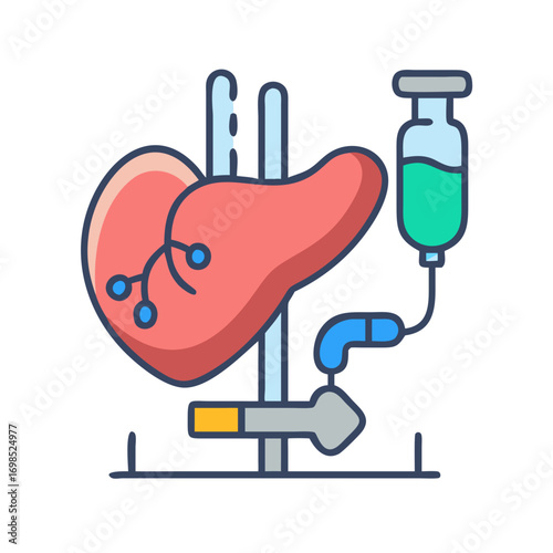 Stylized liver treatment illustration with an IV drip bottle