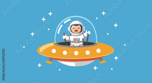 Cartoon astronaut piloting an orange spaceship with a clear dome