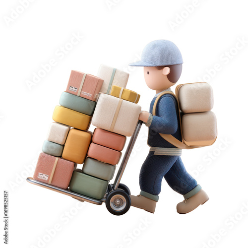 Cartoon Delivery Worker Pushing Cart with Colorful Boxes and Packages
