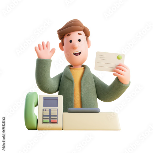 Friendly Male Character at Cash Register with Credit Card in Hand