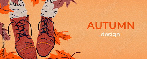 Horizontal background with scattered autumn leaves and a pair of warm boots. Warm orange and brown palette. Space for text. Fall vibes. Banner template for seasonal sales, social media, web. Vector