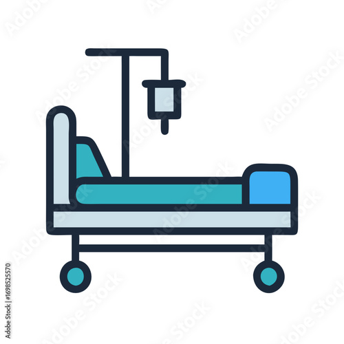 Stylized hospital bed illustration with IV drip on black