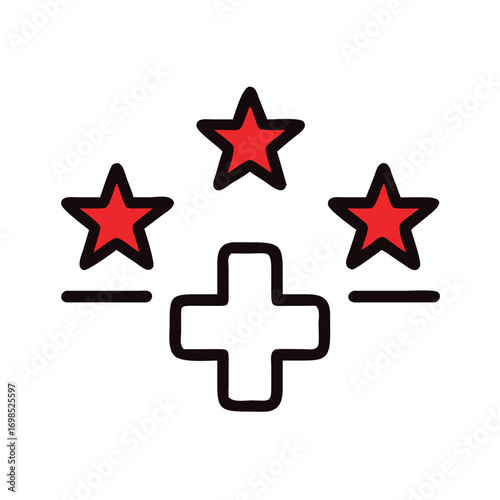 Geometric icon of stars and plus symbol on black background