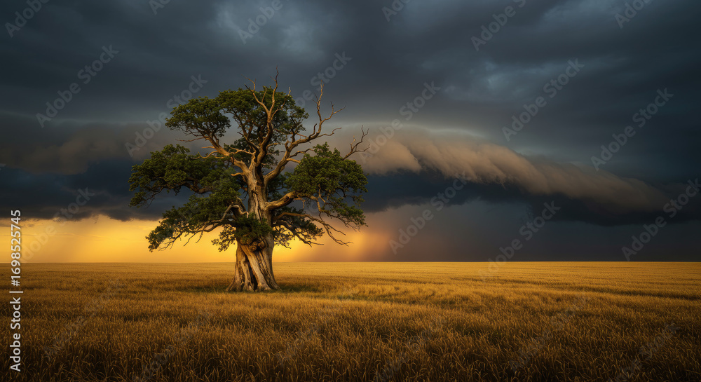 Fototapeta premium Lone tree stormy sky golden field