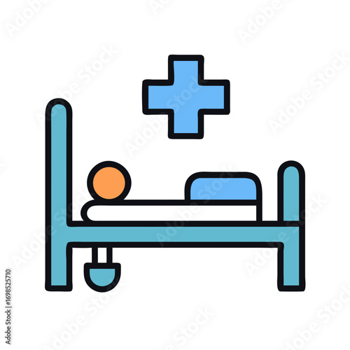 Illustration of hospital bed patient with medical cross icon